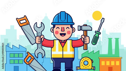 Cartoon Construction Worker Holding Tools with Factory Background.