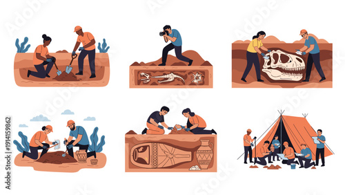 Multiple scenes of archaeologists and paleontologists excavating dinosaur fossils and ancient egyptian sarcophagi in a desert landscape.