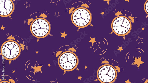 Seamless repeating pattern of classic alarm clocks and small stars on a deep purple background representing time management or sleeping.