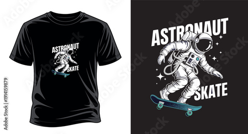 Astronaut skateboarding in space with stars and planets vector art print templet
