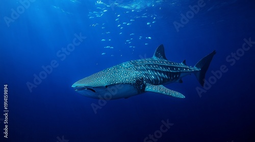 Majestic whale shark swimming gracefully in the deep blue ocean underwater scene tranquil environment close-up perspective