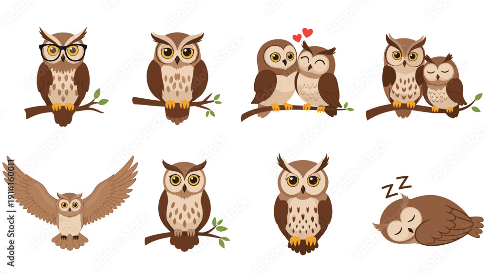 Obraz premium Collection of cute brown owl illustrations in different poses like wearing glasses, flying, sleeping, and a romantic couple in love.