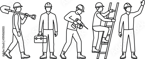 Construction worker vector line art set, builders with tools, shovel, ladder, drill, toolbox, cad drawing flat vector illustration, industrial engineering.