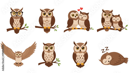 Collection of cute brown owl illustrations in different poses like wearing glasses, flying, sleeping, and a romantic couple in love.