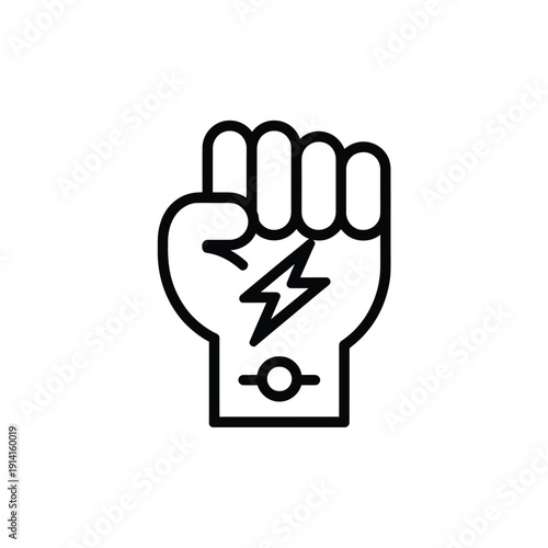 A black and white line drawing of a clenched fist with a lightning bolt