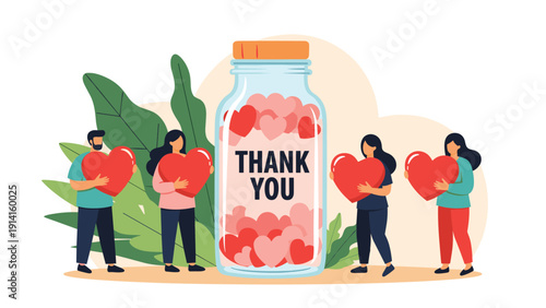 Diverse group of people holding red heart shapes around a large glass jar filled with many hearts labeled with the words thank you.