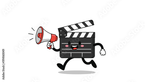 Cute movie clapperboard character with a happy face running while holding a megaphone in a fun and energetic cartoon illustration.