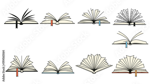 Set of vector illustrations depicting open books in different perspectives and levels of fullness with various colorful bookmarks.