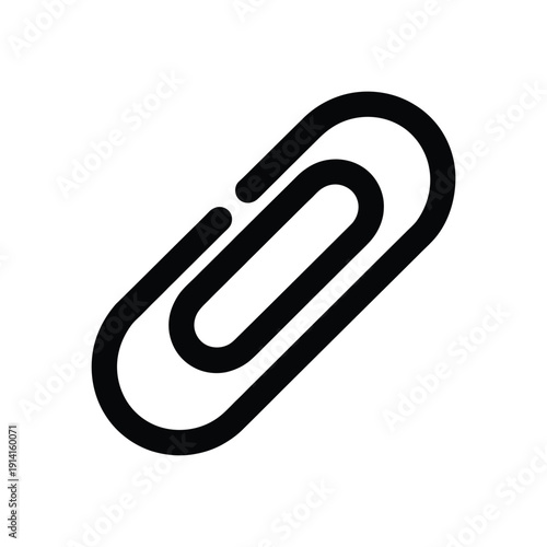 A simple black and white illustration of a standard metal paperclip