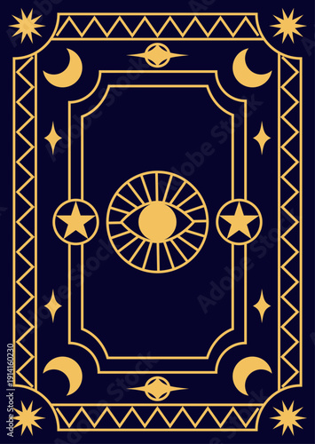 Mystical gold celestial tarot card back design with eye moon and stars symbols on dark blue background. Occult vector magic illustration.