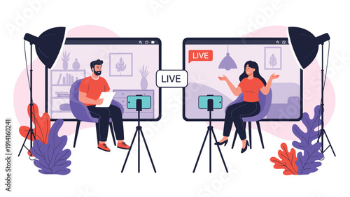 Illustration of two people conducting a live video interview or broadcast using professional studio lighting and mobile phones.