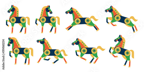 Set of colorful folk art horses in various poses. Traditional ethnic style vector illustration with geometric patterns on white background.