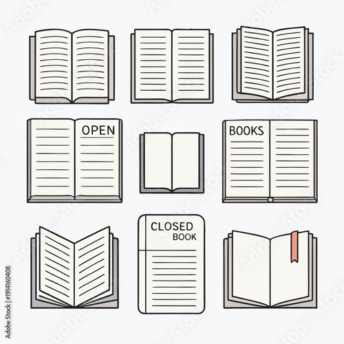 Modern Book Icon Set – Open and Closed Book Line Art Vector Collection for Education and Library Design