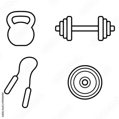Fitness Gym Equipment Icon Set - Minimalist Black Dumbbell Kettlebell and Skipping Rope Vector
