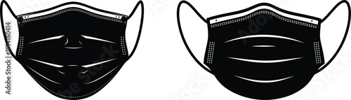 Two black surgical face masks on a white background