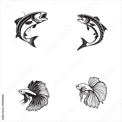 Black and white vector illustration set of tribal sea shells and fish silhouettes for nature tattoo design ornament art