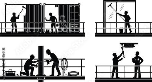 Construction workers silhouette set, maintenance crew working on platform, painting, cleaning, repairing, cad drawing flat vector illustration for industrial project, engineering.