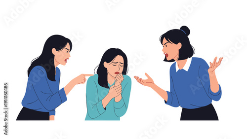 Scene showing two women angrily shouting and blaming another woman who looks distressed and upset in a social or work setting.