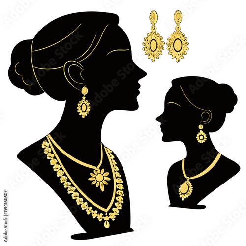 Gold jewelry on black silhouettes of women necklaces