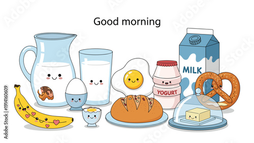 Adorable set of smiling breakfast food characters including sliced bread, milk, eggs, fresh fruit, and a block of butter.