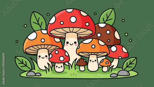 Charming Cartoon Mushroom Family with Friendly Faces and Green Leaves.