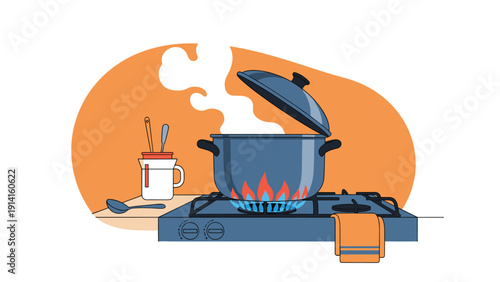Illustration of a large blue cooking pot with white steam rising from it on a lit gas stove burner in a clean modern kitchen.
