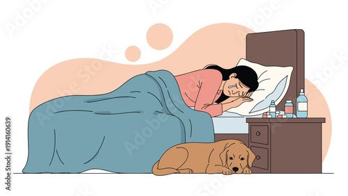 Illustration of a sick woman lying in bed and crying while her faithful golden dog rests on the floor beside her for comfort.