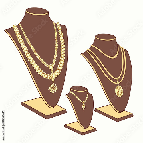 Gold necklaces on brown jewelry display stands brown stands