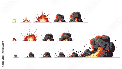 Detailed sequence of explosion animation frames showing the various stages of a blast with fire, dark smoke, and flying debris.