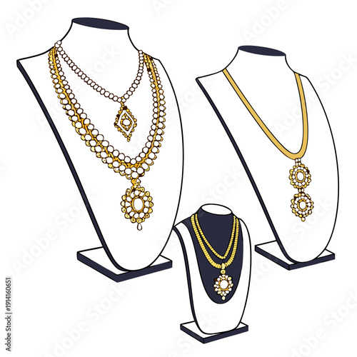 Gold necklaces on display stands jewelry luxury fashion accessories