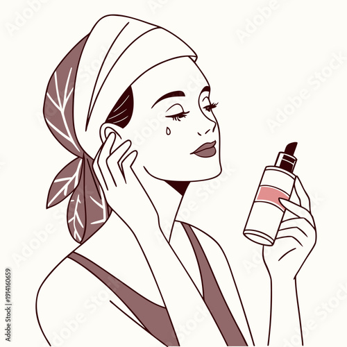 Woman applying serum to face with towel on head skincare
