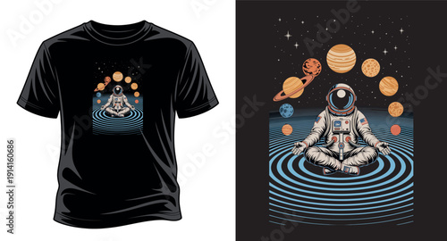 Astronaut meditating in space surrounded by planets, shirt design vector, a spiritual journey in universe  art print templet