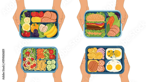 Four different hands holding various healthy bento lunch boxes filled with fresh fruits, vegetables, and different proteins.
