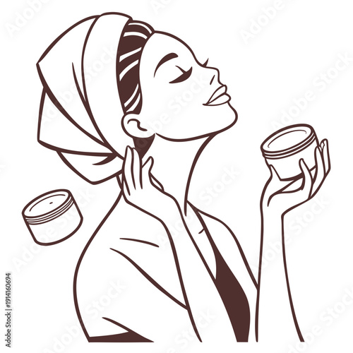 Woman in towel holding skincare product with eyes closed