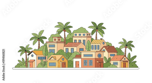 Charming Tropical Village with Palm Trees and Colorful Houses Illustration