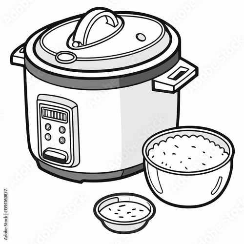 Rice cooker with bowl of cooked rice and small dish