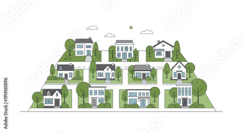 Diverse Neighborhood Houses with Trees and Clouds Illustration