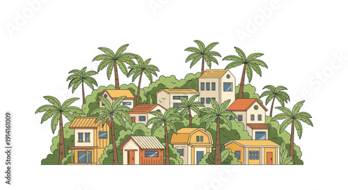 Tropical Village Scene with Palm Trees and Houses