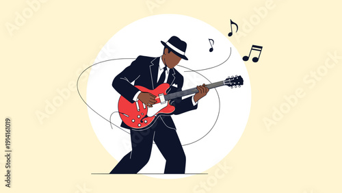 Stylish silhouette of a male musician in a fedora playing an electric guitar, surrounded by musical notes and abstract lines on a circle.