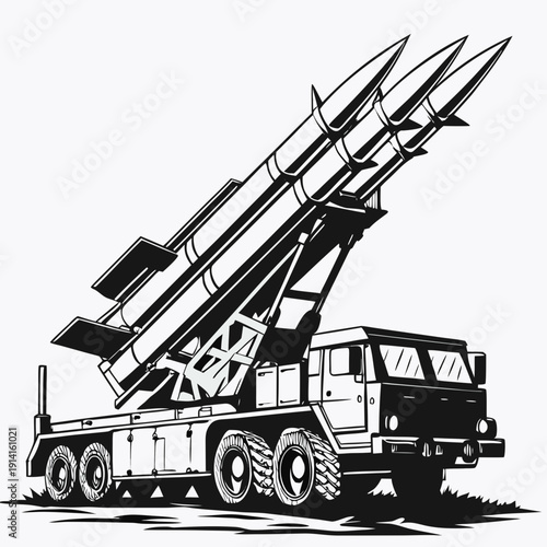 Black and white of a missile launcher truck with three missiles 1