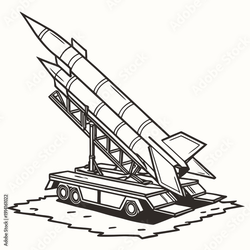 Black and white of a multi-missile launcher on a truck