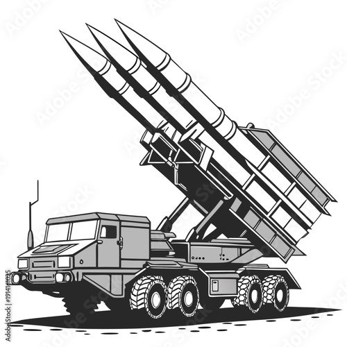 Black and white of a missile launcher truck with three missiles