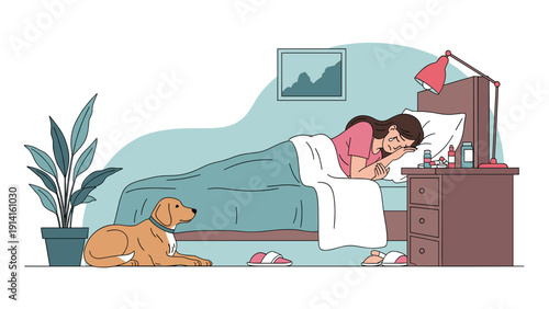 Sad and ill woman resting in her bed with medicine bottles on the nightstand and a loyal golden dog sitting on the bedroom floor nearby.