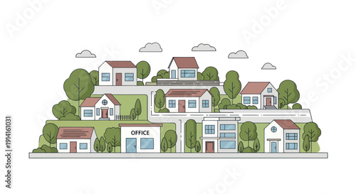 Charming Suburban Neighborhood with Diverse Houses and Office Building