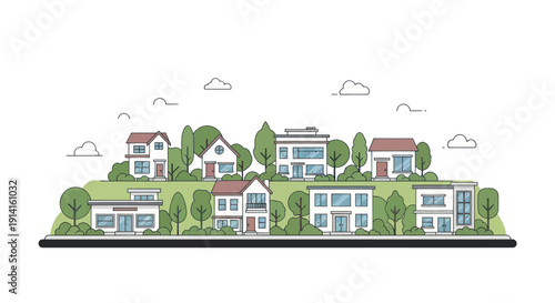 Suburban Neighborhood Landscape with Modern Houses and Green Trees