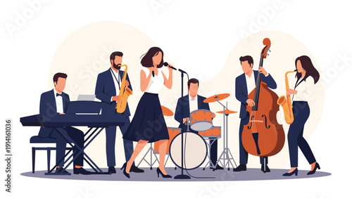 Professional jazz band ensemble featuring a female singer, pianist, drummer, bassist, and saxophonists performing together in a concert.
