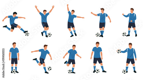 Dynamic set of male soccer player silhouettes in various athletic poses like kicking, running, and dribbling a ball on a white background.