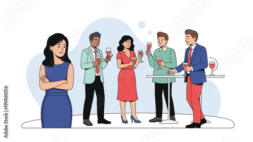 Lonely woman standing with crossed arms at a social gathering or party while other people socialize and drink wine in the background.