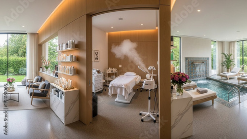 Luxurious Spa Interior with Treatment Room and Relaxation Area.