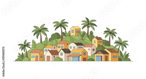 Tropical Village Illustration: Colorful Houses on Green Hillside with Palm Trees